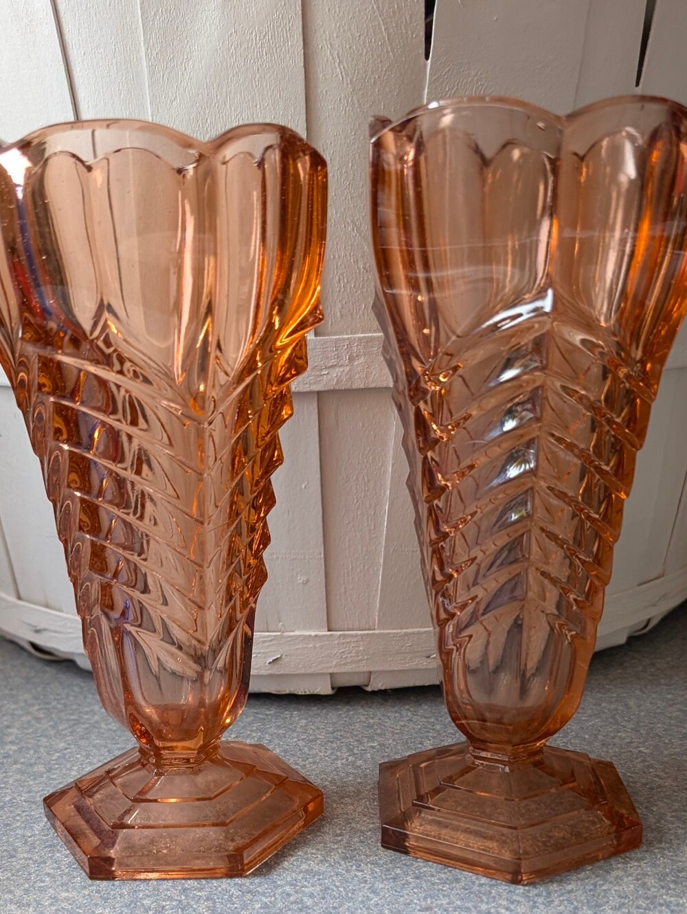 Vintage Art Deco Pink Glass Chevron Vases - 1938 Davidson Fullerton Pair